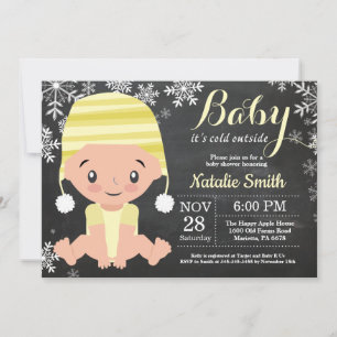 Vintergul inbjudan till baby shower på svart tavla