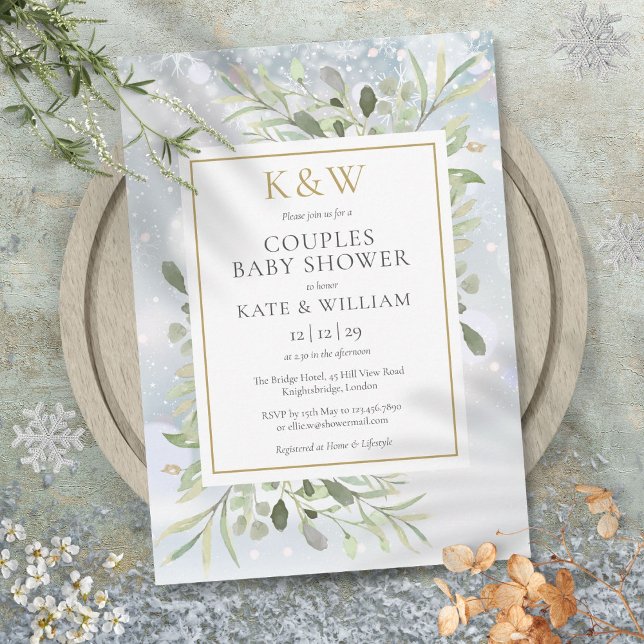 Vinterguld Monogram Grönska Par Babyshower Inbjudningar (Winter Gold Monogram Greenery Couples Baby Shower Invitation)