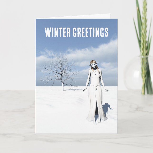Vinterhälsningar. Kvinnlig elf som går i snön  Kort (Framsida)
