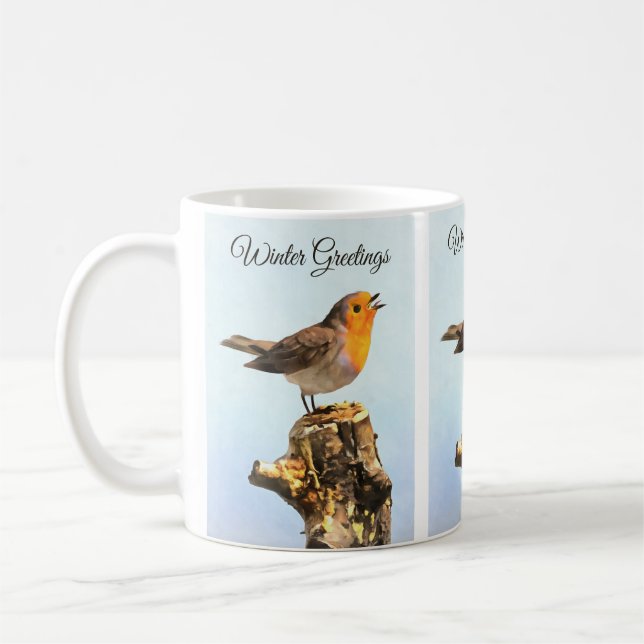 Vinterhälsningar. Rödhake sjunger  Kaffemugg (Vänster)