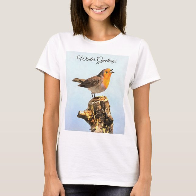 Vinterhälsningar. Rödhake sjunger  T Shirt (Framsida)