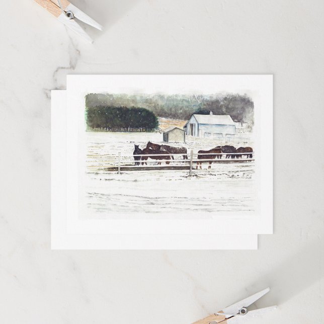 Vinterhästgård i akvarell (Winter Horse Farm Watercolor by Jenn Steffen Art for Jenn's Emporium.)