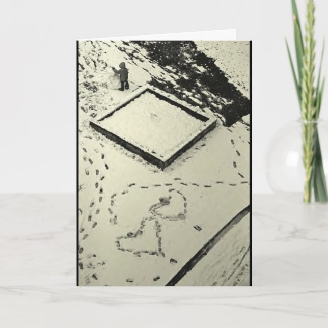 Vinterhelgdagkort: "Heartprints i snön ", Helgkort (Framsida)