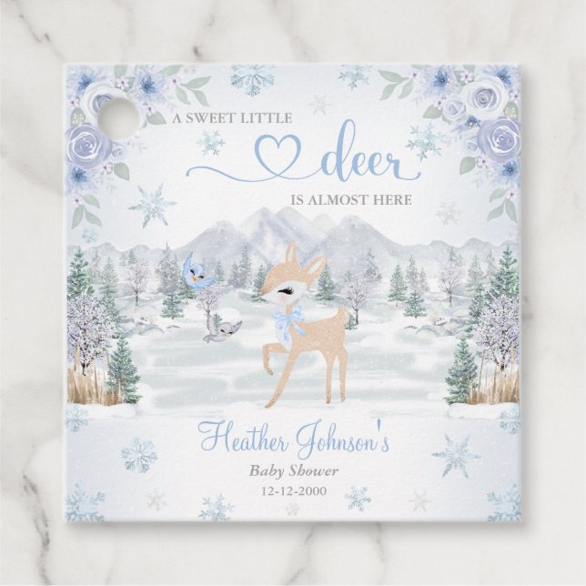 Vinterhjort Blå Snöflinga Baby Shower Gåvor Etiketter (Framsida)