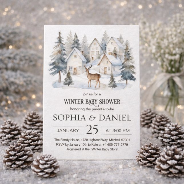 Vinterhjort i by Vattenfärg Baby Shower Inbjudningar (Winter Deer in Village Watercolor Baby Shower Invitation)