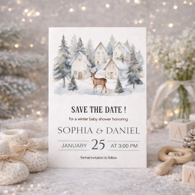 Vinterhjort i by Vattenfärg Baby Shower Spara Datumet (Winter Deer in Village Watercolor Baby Shower Save The Date)