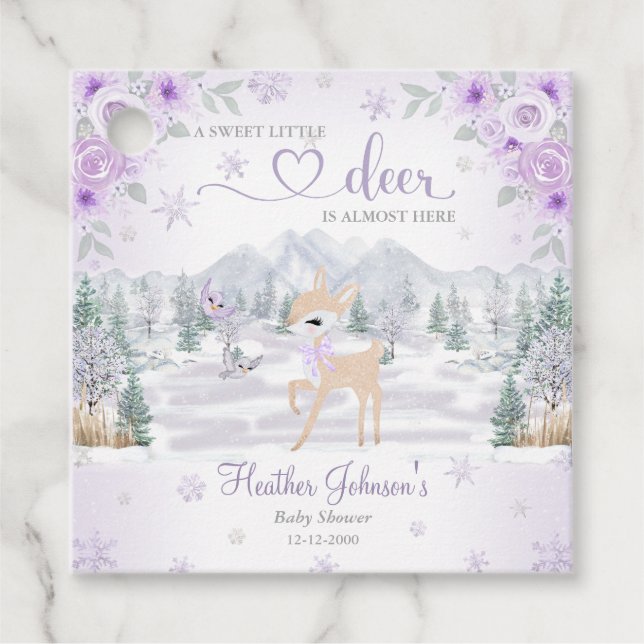 Vinterhjort Lila Snöflinga Baby Shower Gåvor Etiketter (Framsida)