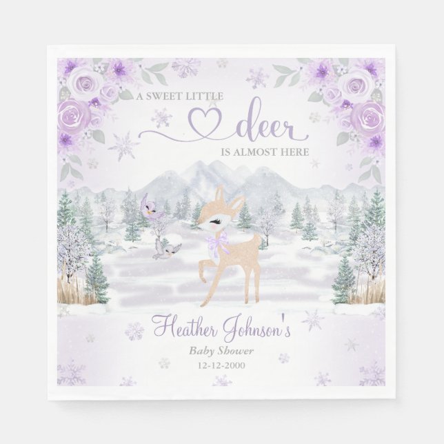 Vinterhjort Lila Snöflinga Baby Shower Pappersservett (Framsidan)