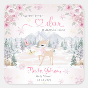 Vinterhjort Rosa Snöflinga Baby Shower Fyrkantigt Klistermärke