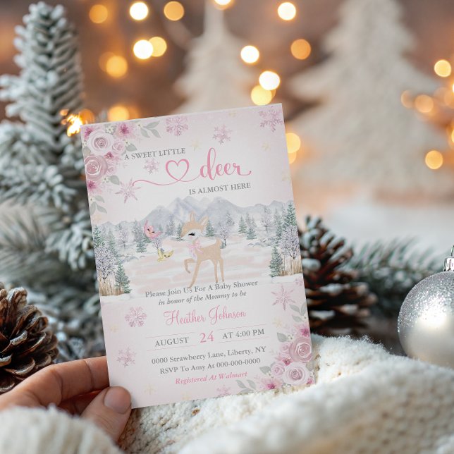 Vinterhjort Rosa Snöflinga Baby Shower  Inbjudningar (Skapare uppladdad)