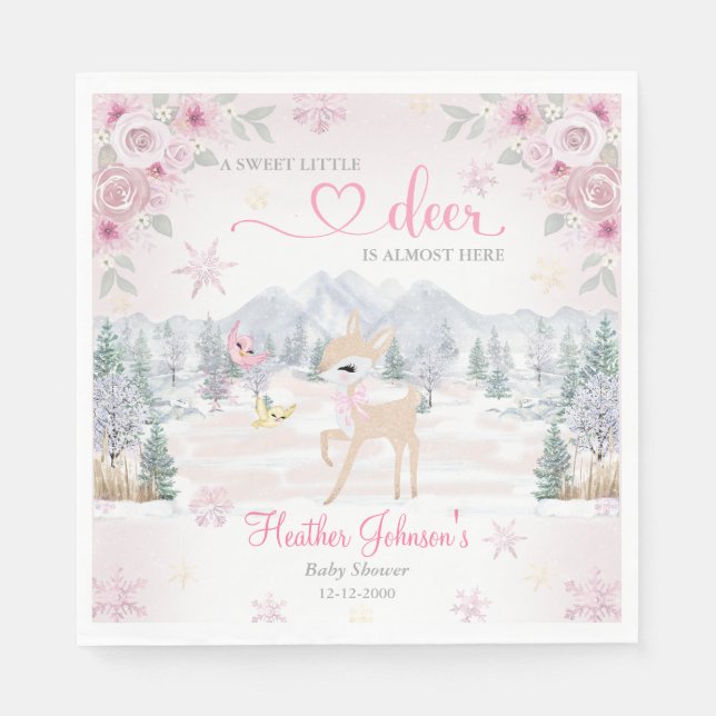 Vinterhjort Rosa Snöflinga Baby Shower  Pappersservett (Framsidan)
