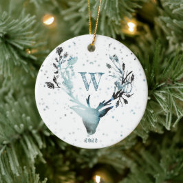Vinterhjorthuvud Silverblå monogram julgran Julgransprydnad Keramik