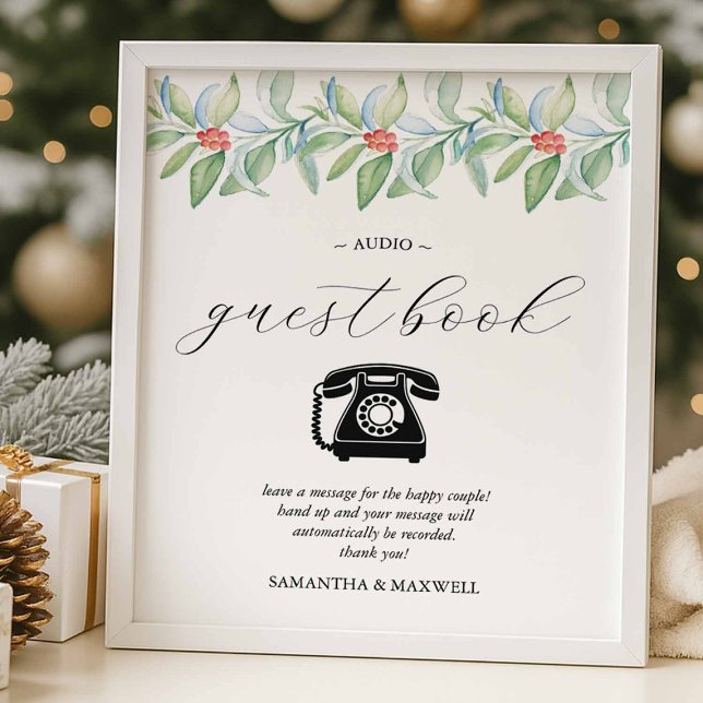VinterHochtal Ljud Gästbok Signering Poster (Winter wedding audio guestbook sign with watercolor botanicals.)