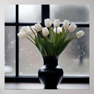 "Vinterhöns höghet: Vit Tulips i Svarta Vas Poster