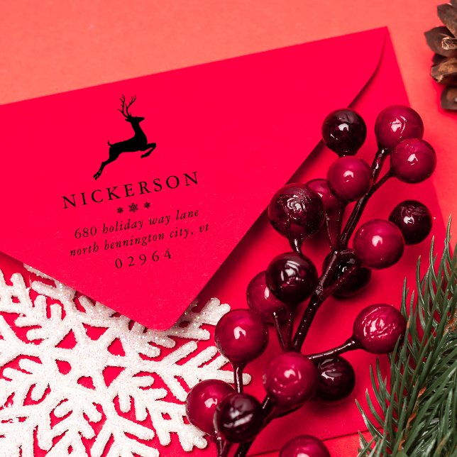 Vinterhoppande renar Returadress Stämpel (Winter Leaping Reindeer Return Address Rubber Stamp)