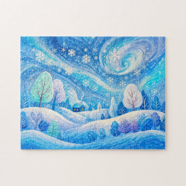 Vinterhus i virvlande snöfall illustration pussel