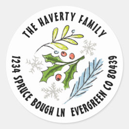 Vinterillustration med blå gran - en vinterskatt runt klistermärke