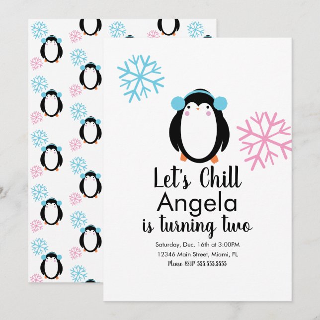Vinterinbjudan till Cute Penguin Rosa Blue Snöflin Inbjudningar (Fram/baksida)