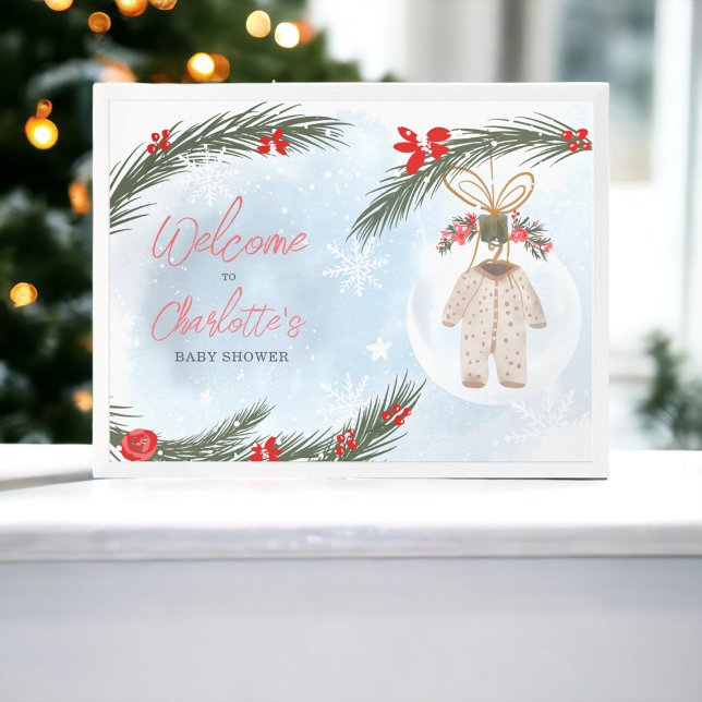Vinterjolen i snö, julbabysknappen poster (Winter snow ice Christmas baby shower welcome Poster)