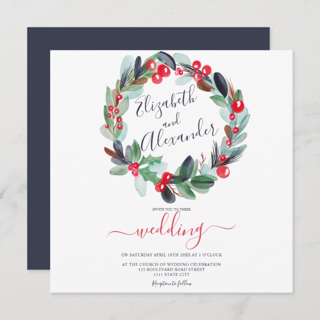 Vinterjul, blommigt, vattenfärg bröllop inbjudningar (Fram/baksida)
