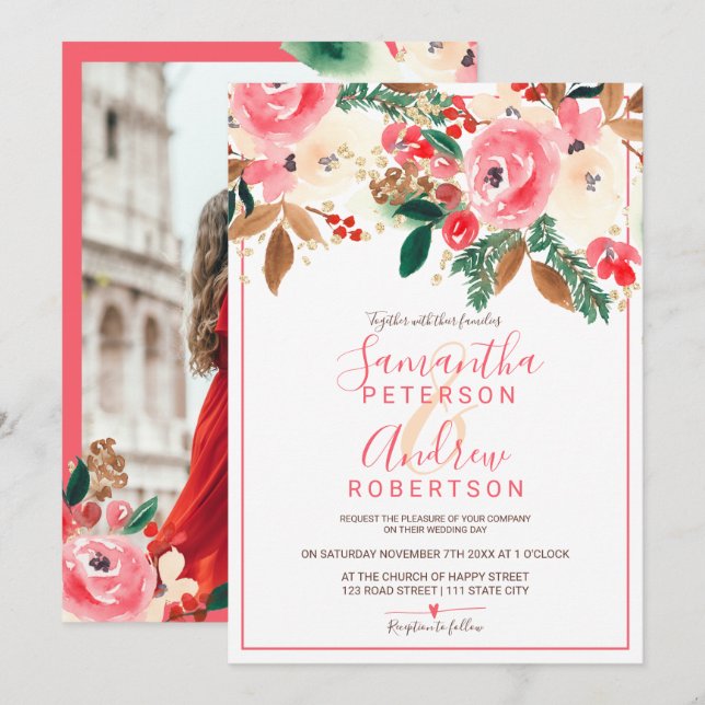 Vinterjul, blommigt, vattenfärgsfoto bröllop inbjudningar (Fram/baksida)