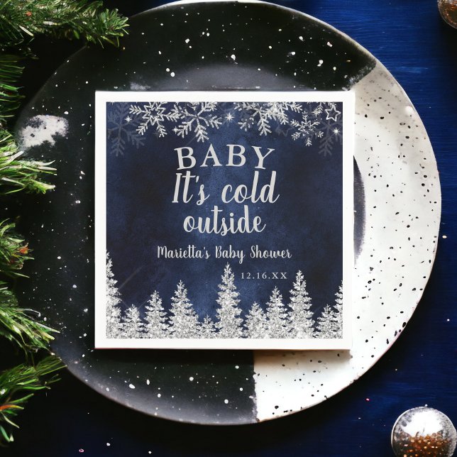 Vinterjul - dagskdusch för bebisbabduschen vid grä pappersservett (Winter Christmas silver snow pine navy baby shower Napkins)