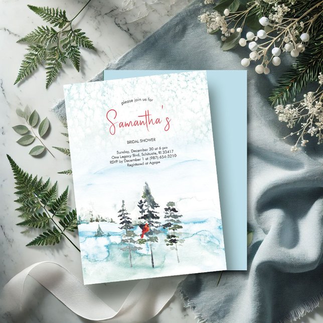Vinterjul Evergreen Möhippa Inbjudningar (Winter bridal shower invitations watercolor pine trees red cardinal snow)