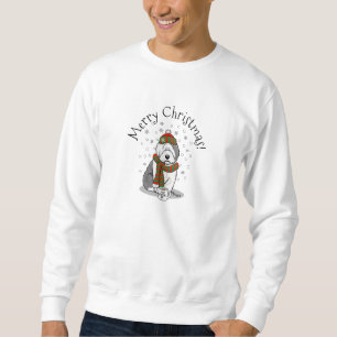 Vinterjul Gamla engelska Sheepdog Grått 1 Cute Lång Ärmad Tröja
