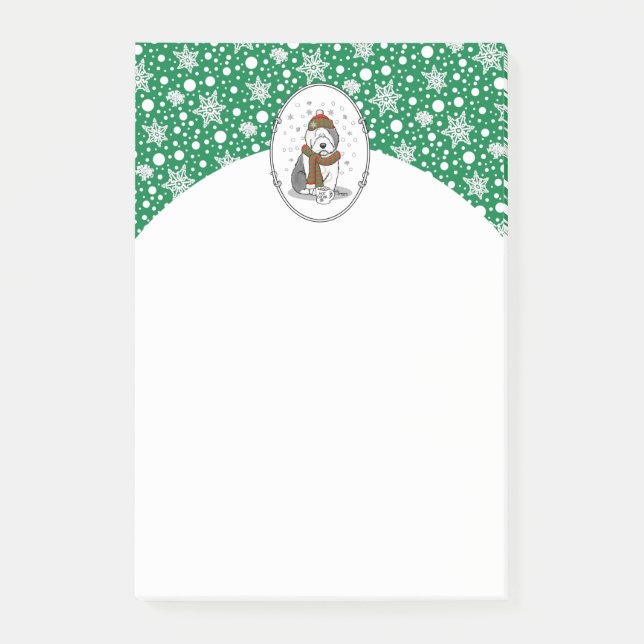 Vinterjul Gamla engelska Sheepdog Grått 1 Cute Post-it Block (Framsida)