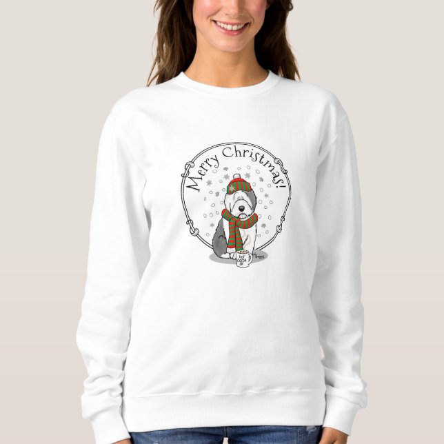 Vinterjul Gamla engelska Sheepdog Grått 1 Cute T Shirt (Framsida)
