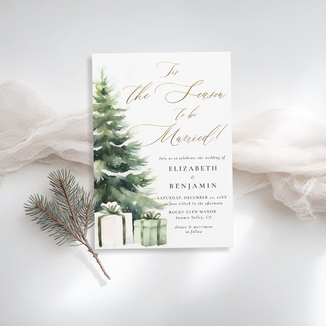 Vinterjul Gift-säsong Elegant bröllop Inbjudningar (christmas wedding invitation pine tree season to be married gold calligraphy modern rustic elegant)