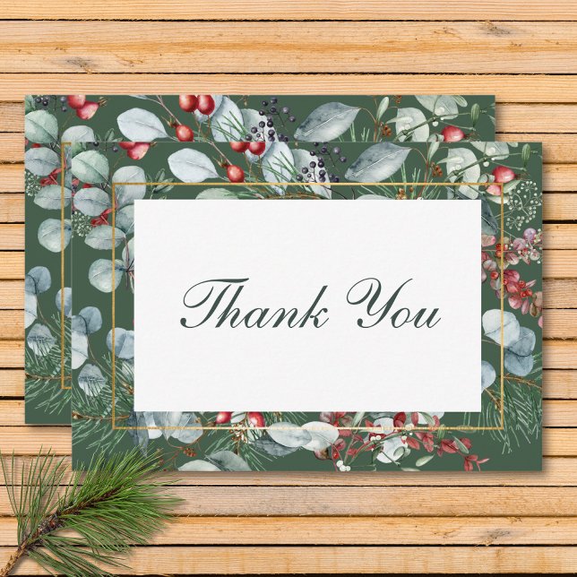 Vinterjul Greenery Grönt Bröllop Tack Kort (Winter Christmas Greenery Green Wedding Thank You Card)