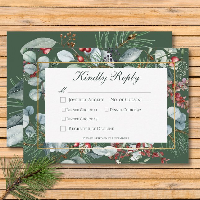 Vinterjul Greenery Grönt tre middagar OSA Kort (Winter Christmas Greenery Green Three Dinner RSVP Card)