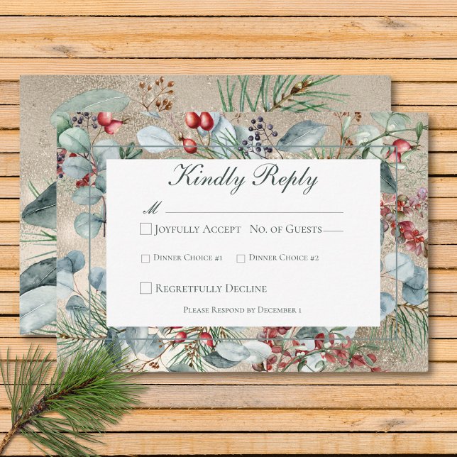 Vinterjul Greenery Guld Bröllop 2-middag OSA Kort (Winter Christmas Greenery Gold Wedding Two Dinner RSVP Card)