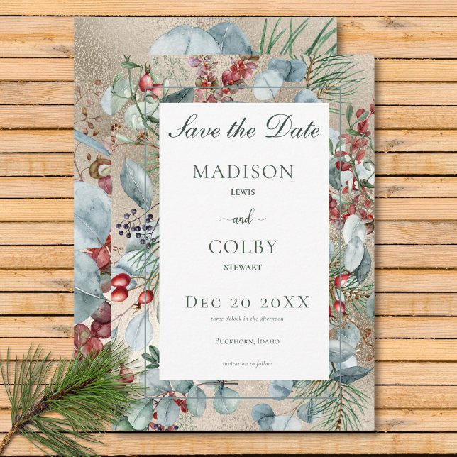 Vinterjul Greenery Guld Bröllop Spara Datumet (Winter Christmas Greenery Gold Wedding Save The Date)
