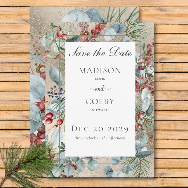 Vinterjul Greenery Guld Bröllop Spara Datumet (Winter Christmas Greenery Gold Wedding Save The Date)