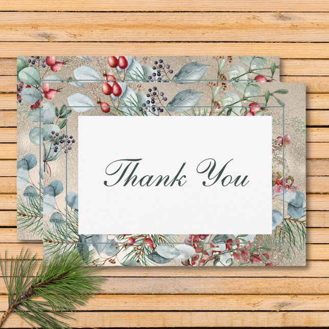 Vinterjul Greenery Guld Bröllop Tack Kort (Winter Christmas Greenery Gold Wedding Thank You Card)