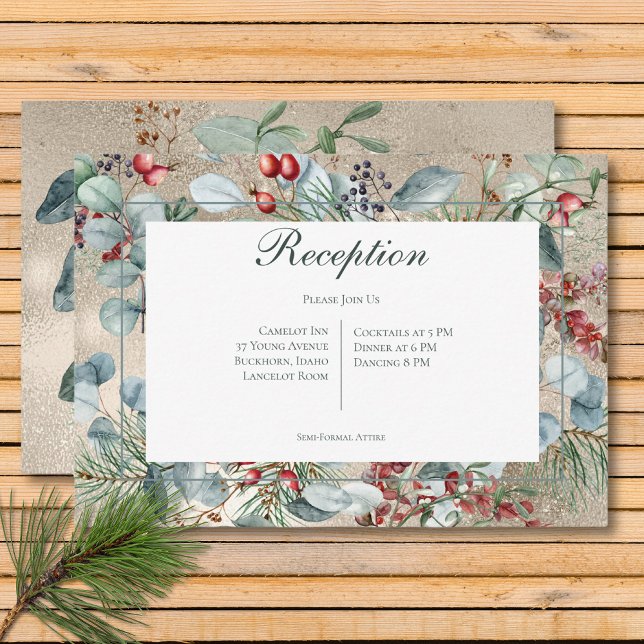 Vinterjul Greenery Guld Reception Bröllop Tilläggskort (Winter Christmas Greenery Gold Reception Wedding Enclosure Card)