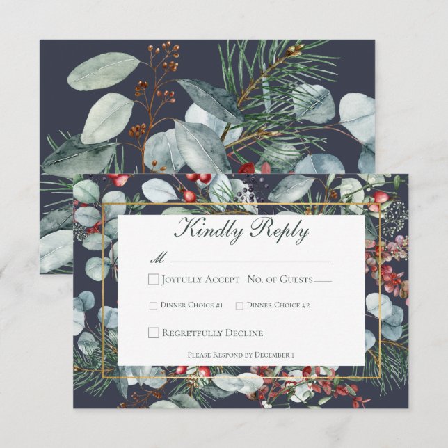 Vinterjul Greenery Navy Bröllop OSA Kort (Fram/baksida)