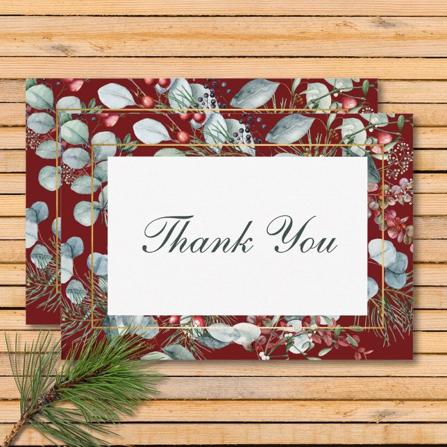 Vinterjul Greenery Red Bröllop Tack Kort (Winter Christmas Greenery Red Wedding Thank You Card)