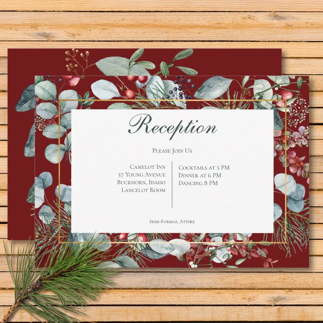 Vinterjul Greenery Red Reception Bröllop Tilläggskort (Winter Christmas Greenery Red Reception Wedding Enclosure Card)