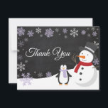 Vinterjul Helgdag Snowflake Tack<br><div class="desc">Vinterjulens Helgdag Snowflake Tack-kort. Snögubbe och Penguin. Bakgrund till kretskort. Svarta och vita. Lila Snowflake. Kärlek och Tack, vackert skript. Lägg till ditt meddelande på baksidan eller lämna tom och skriva. Om du vill göra ytterligare anpassningar klickar du på knappen Anpassa och användor verktygen som är utformat för att ändra...</div>