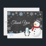 Vinterjul Helgdag Snowflake Tack<br><div class="desc">Vinterjulens Helgdag Snowflake Tack-kort. Snögubbe och Penguin. Bakgrund till kretskort. Svarta och vita. Blå snöflingan. Kärlek och Tack, vackert skript. Lägg till ditt meddelande på baksidan eller lämna tom och skriva. Om du vill göra ytterligare anpassningar klickar du på knappen Anpassa och användor verktygen som är utformat för att ändra...</div>