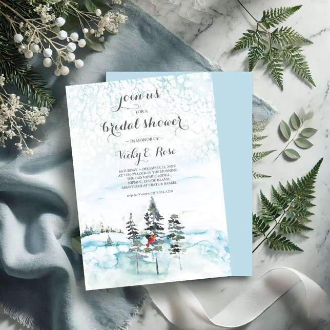 Vinterjul - inbjudan till Evergreen Möhippa (Country bridal shower invitations watercolor pine trees snowy scene cardinal blue)