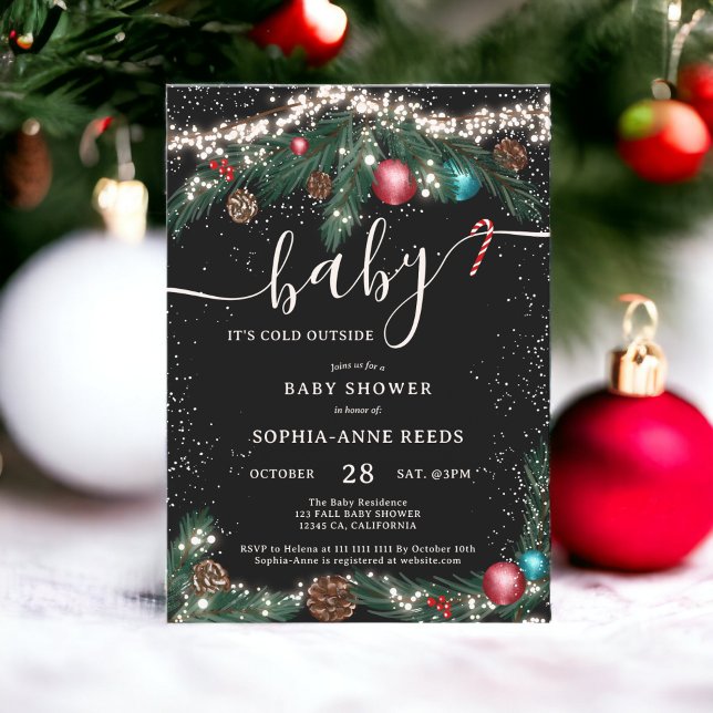 Vinterjul, ljus, snowy gräs, babydusch inbjudningar (Winter Christmas lights snowy pine baby shower Invitation)