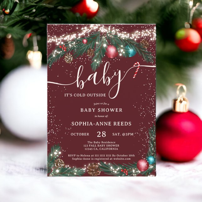 Vinterjul, ljus, snowy gräs, babydusch inbjudningar (Winter Christmas lights snowy pine baby shower Invitation)