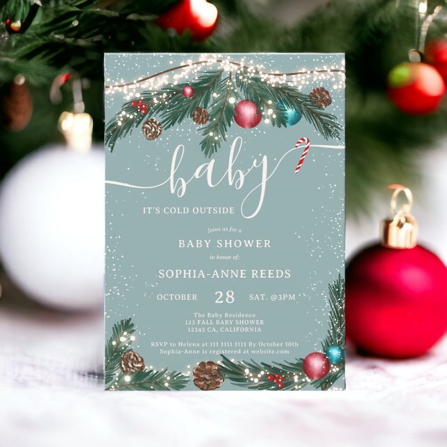 Vinterjul, ljus, snowy gräs, babydusch inbjudningar (Winter Christmas lights snowy pine baby shower Invitation)