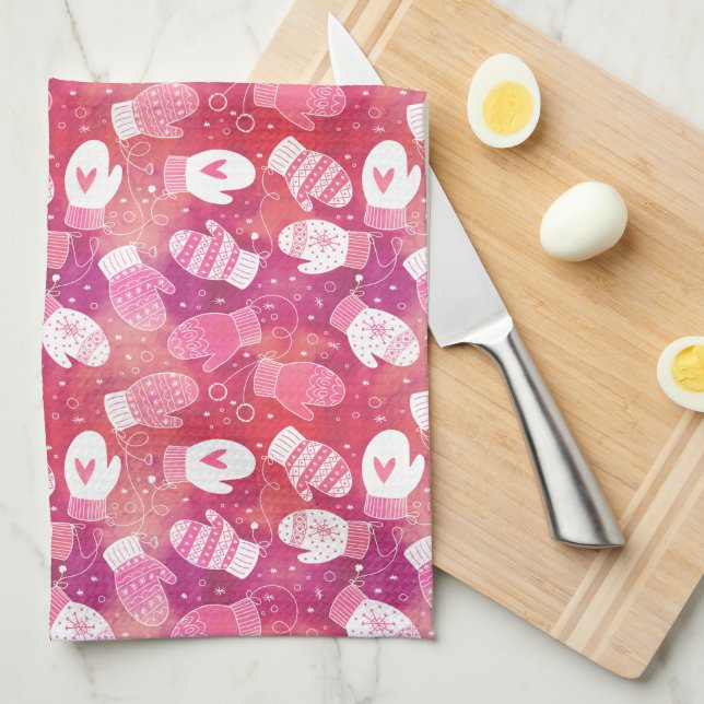 Vinterjul Mittens Mönster i Rosa Kökshandduk (Vikt i Fjärdedel)