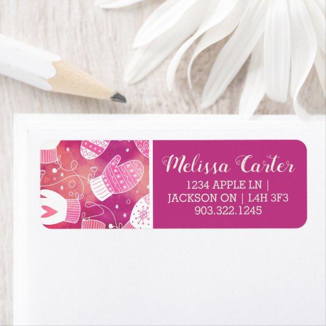 Vinterjul Mittens Mönster i Rosa Returadress Etikett (Insitu)