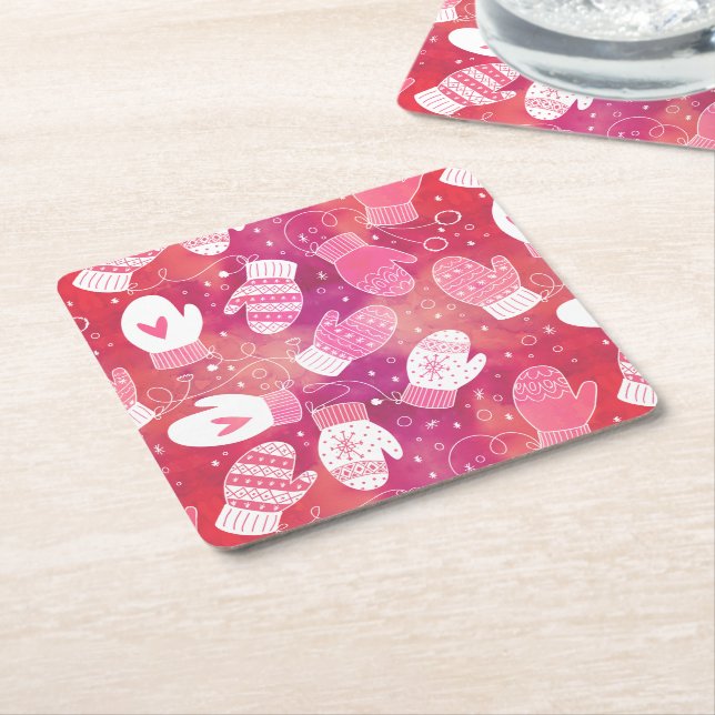 Vinterjul Mittens Mönster i Rosa Underlägg Papper Kvadrat (Vinklad)
